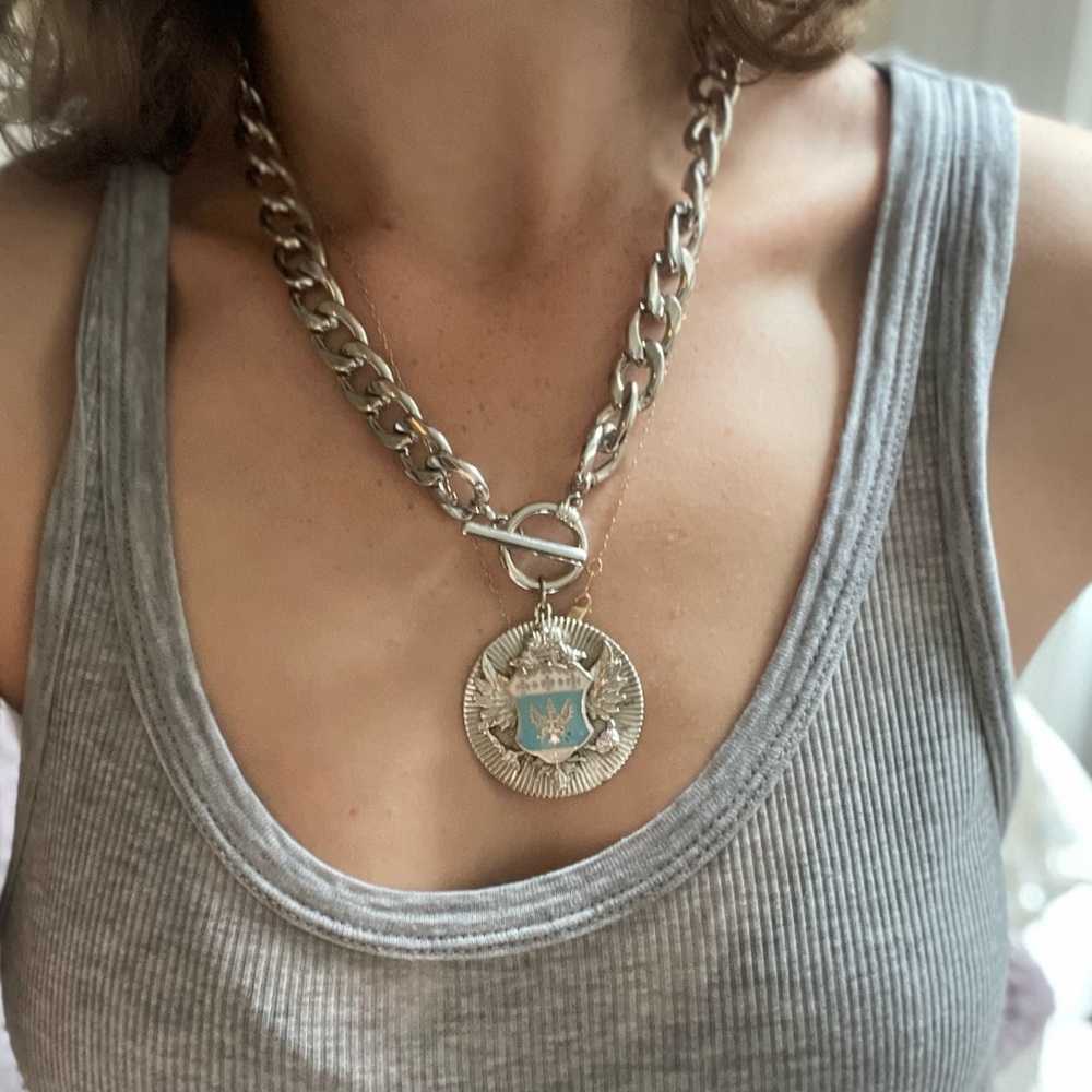Silver Military style pendant necklace with large silver chain
